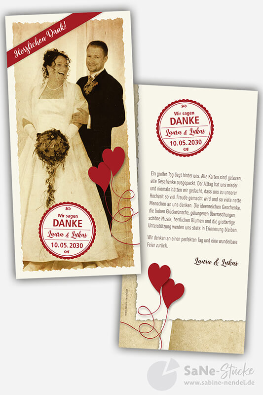 Dankeskarte Hochzeit Vintage Hochformat Naturpapier Creme gelblich