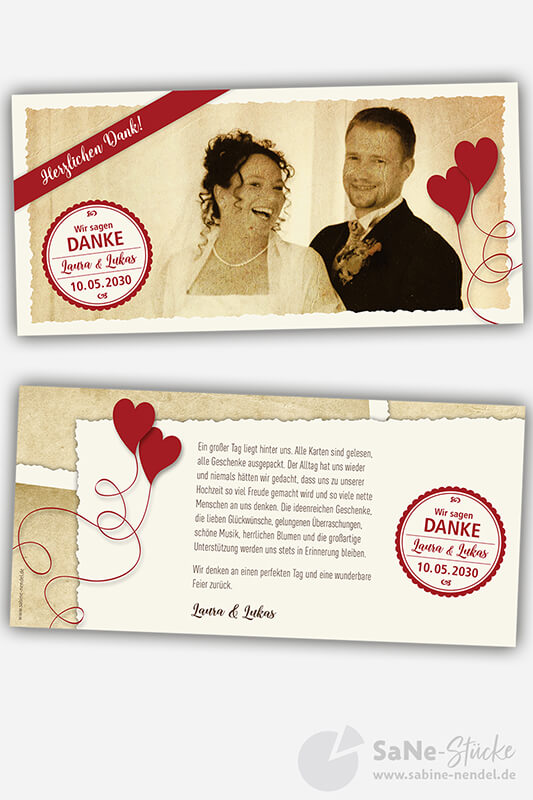 Dankeskarte Hochzeit Vintage Querformat Naturpapier Creme gelblich