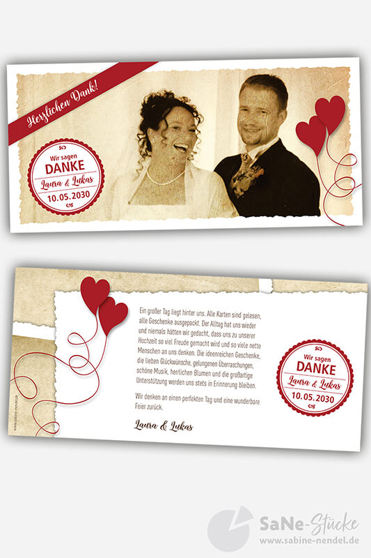 Dankeskarte Hochzeit Vintage Querformat Qualitätsdruck weiß
