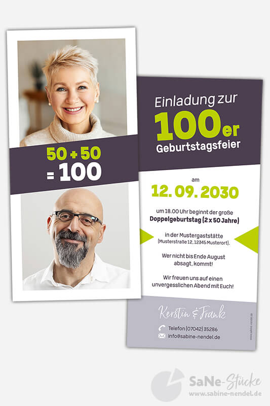 Einladungskarten Doppelgeburtstag 100 darkberry mit zwei Fotos