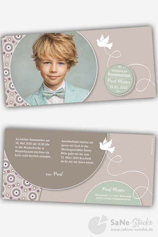 Einladung Kommunion Taube braun-mint
