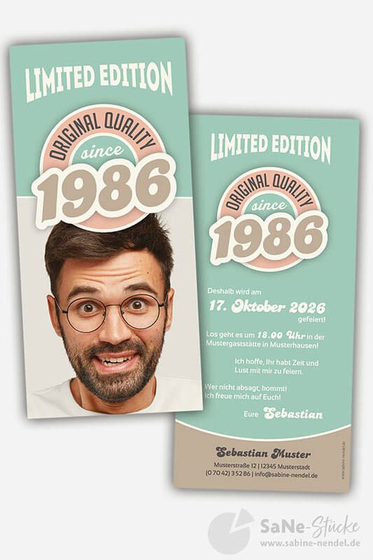 Retro Einladungskarten 1986 blau mit Foto