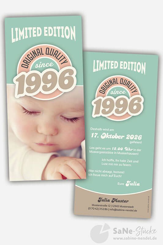 Einladung Geburtstag Vintage 1996 blau mit Foto