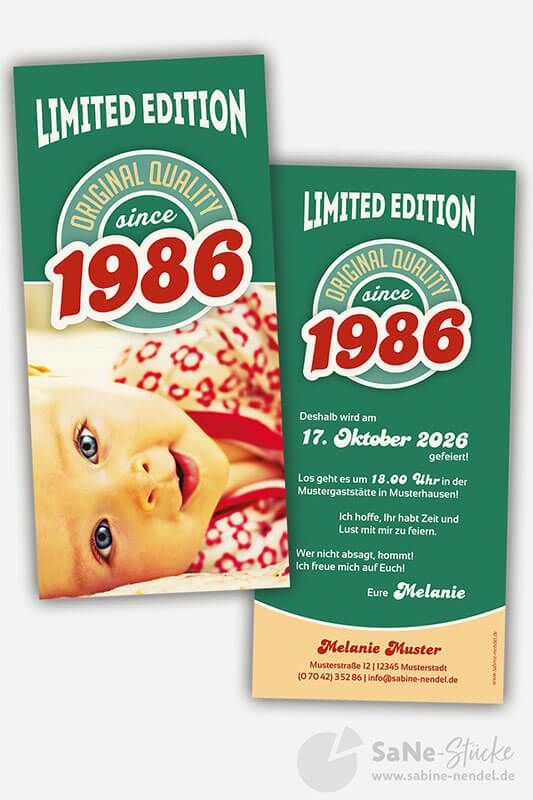 Vintage Einladungskarten Geburtstag 1986 grün mit Foto