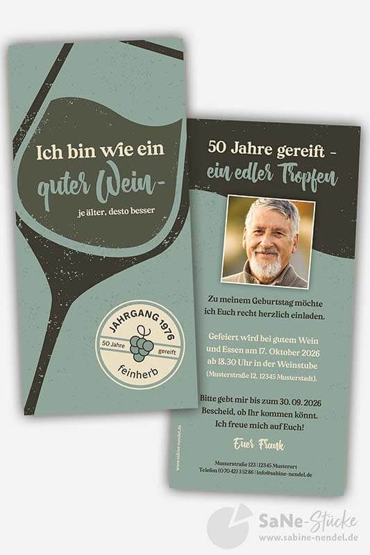 Geburtstagseinladung Wein blaugrau mit Foto