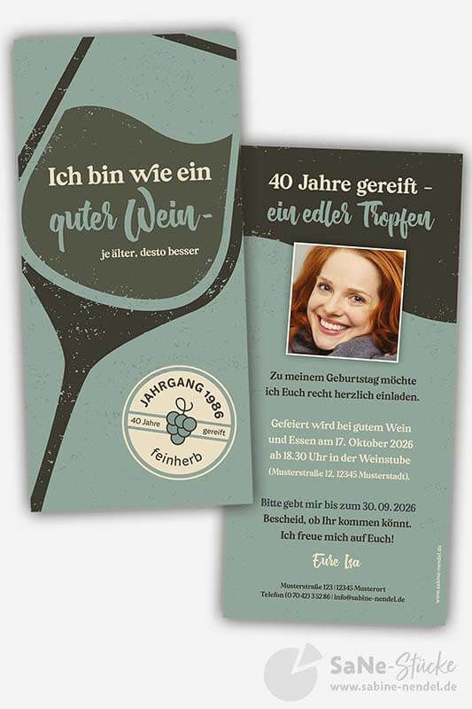 Einladung Geburtstag Wein blaugrau mit Foto